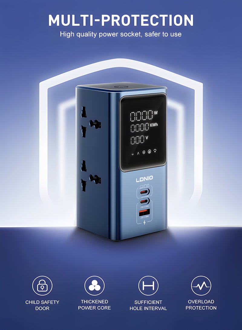 لدنيو مشترك كهرباء رأسي LDNIO SC2 بشاشة LED رقمية لمراقبة الطاقة والجهد، قدرة 2500 وات، شحن سريع USB حتى 45W، 4 مخارج كهرباء و3 منافذ USB، نظام حماية متعدد، تصميم آمن وموفر للمساحة للاستخدام المنزلي والمكتبي - Image 2
